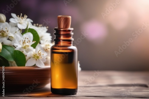 Essential oil in a small bottle with flowers on a wooden background