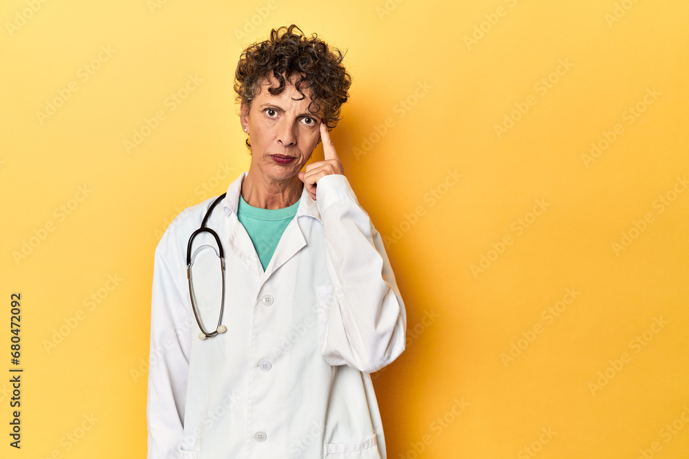 Caucasian mid-age female doctor on yellow studio pointing temple with finger, thinking, focused on a task. Caucasian mid-age female doctor on yellow studio pointing temple with finger, thinking, focused on a task.