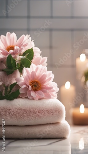 Soap  towel  flowers in bathroom  on blurred spa background