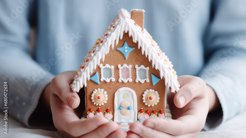 Children hands hold a delicious gingerbread house made of gingerbread and icing. Christmas banner, a symbol of Christmas and the new year.