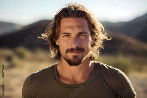 Portrait of a handsome man wearing black T-shirt spending his outdoor life. Freedom life. Happy man. 