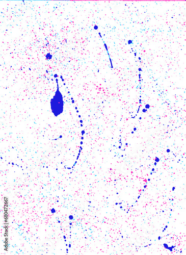 Fondo abstracto, salpicaduras vectorizadas, colores alegres, tinta a chorretones, tres colores . Textura estarcida divertida, naif. Chorro de pintura real, salpicado con spray. Azul, fucsia, celeste