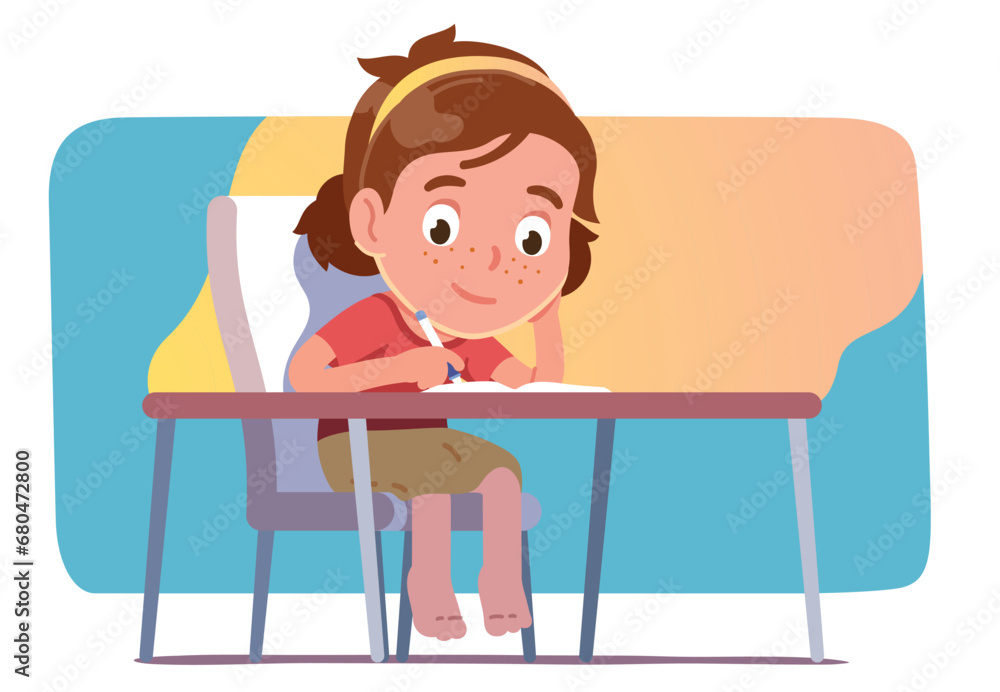 Student girl kid doing homework at home desk. Schoolgirl child person cartoon character writing studying sitting at table indoors. School education, learning, childhood flat vector illustration Student girl kid doing homework at home desk. Schoolgirl child person cartoon character writing studying sitting at table indoors. School education, learning, childhood flat vector illustration