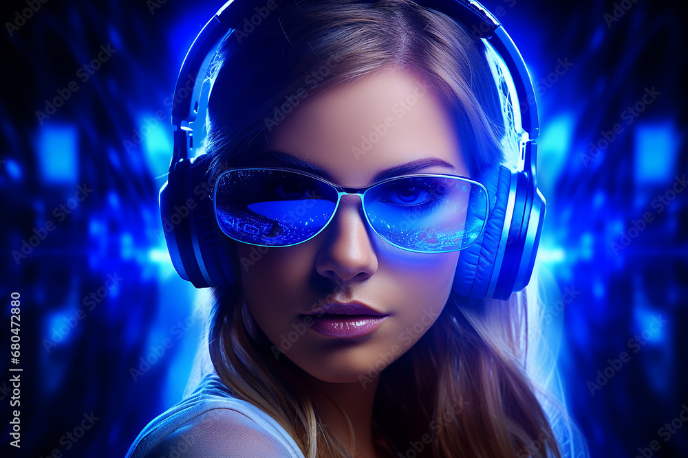 Young beautiful woman in glasses and headphones on bright colored background