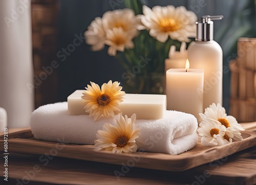 Soap, towel, flowers in bathroom, on blurred spa background