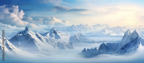 Beautiful Panoramic view landscape of snow in mountain peak. AI generated image © atapdesain