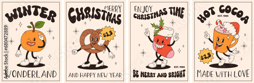 Groovy retro Christmas posters. Santa claus, christmas tree, ball, hot cocoa, present in trendy vintage cartoon style. Retro characters in 50s, 60s, 70s animation style