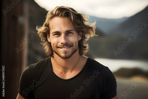 Portrait of a handsome man wearing black T-shirt spending his outdoor life. Freedom life. Happy man.  © Wanlaya
