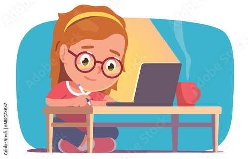 Student girl kid doing homework at home table with laptop computer. Schoolgirl child person character writing studying sitting indoors. School education, learning, childhood flat vector illustration