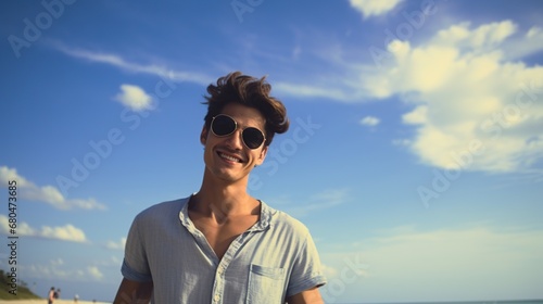 Happy handsome man with sunglasses enjoy summer at the beach. AI generated