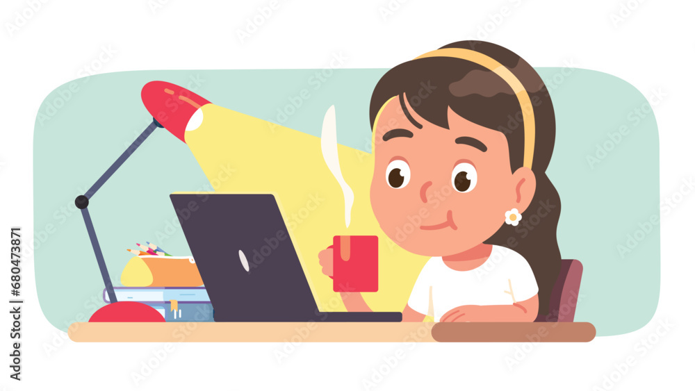 Girl kid studying online on computer at home desk. Student child person doing homework on laptop drinking tea, sitting at table with books. Education, knowledge, learning flat vector illustration Girl kid studying online on computer at home desk. Student child person doing homework on laptop drinking tea, sitting at table with books. Education, knowledge, learning flat vector illustration