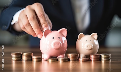A person putting a coin into a piggy bank