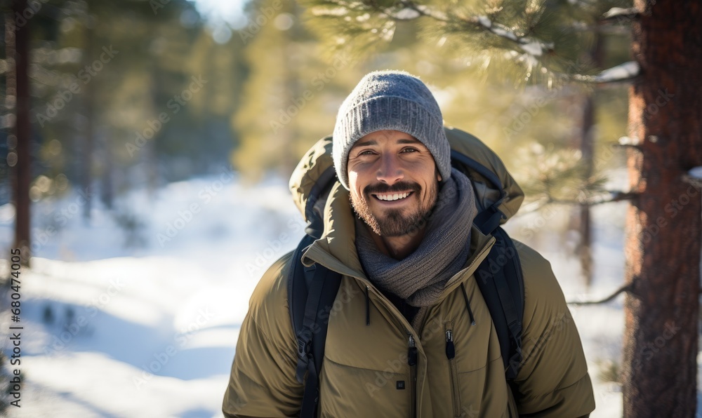 A man with a backpack in the snow A man with a backpack in the snow