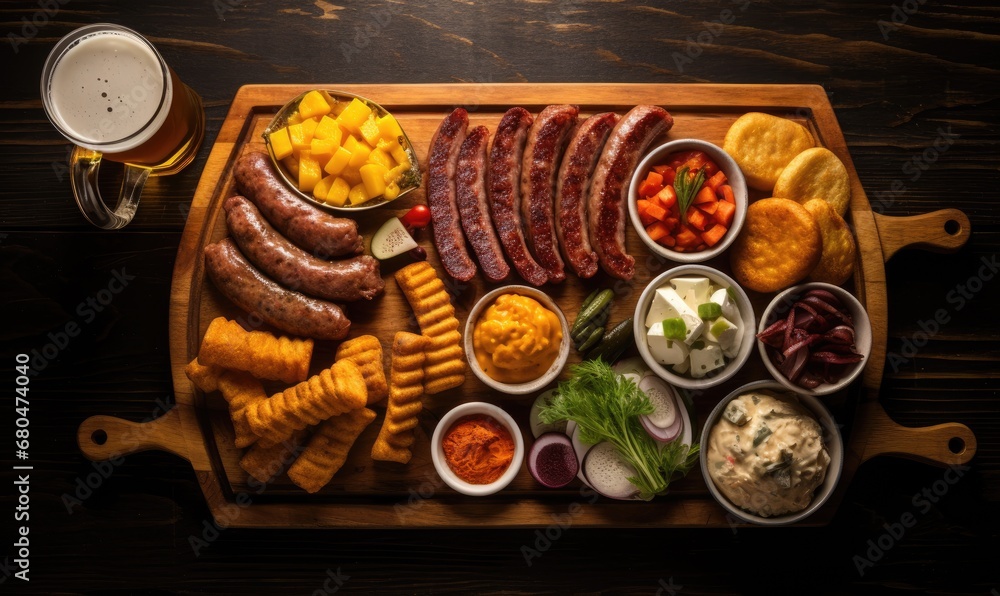 A wooden platter filled with different types of food