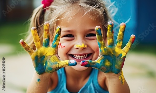 A little girl with her hands painted yellow and blue