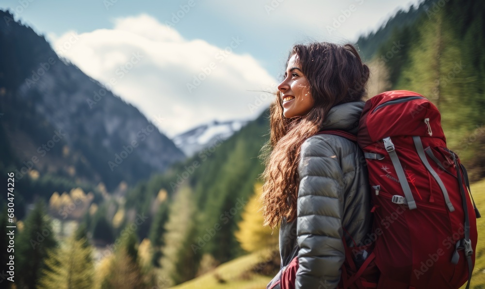A woman with a backpack smiles at the camera A woman with a backpack smiles at the camera