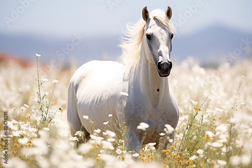 White beautiful horse outdoors in summer