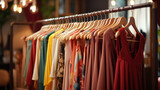 Many colorful cloths on in retail store hanging on rack.