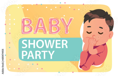 Baby shower party invitation card. Cute asleep little newborn boy child in sleepsuit. Adorable infant kid cartoon character sleeping. Happy birth holiday postcard template flat vector illustration