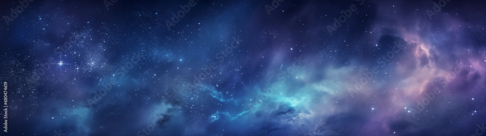 A vast view of a distant galaxy seen through a space telescope, for wallpapers, 32:9 ratio - obrazy, fototapety, plakaty 