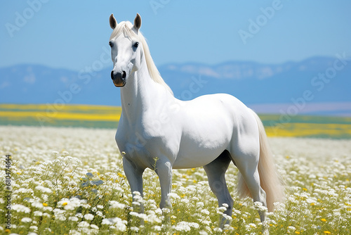 Beautiful horse with long mane on pasture  equestrian sport