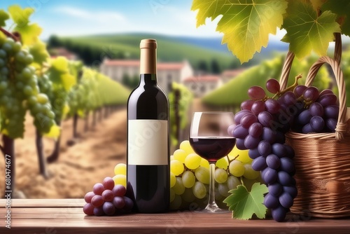 Bottle of red wine with bunch of grapes on vineyard background