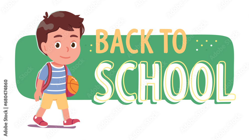 Schoolboy kid going back to school for education. Smiling student boy child person cartoon character walking carrying backpack, ball poster. Learning, study, knowledge card flat vector illustration Schoolboy kid going back to school for education. Smiling student boy child person cartoon character walking carrying backpack, ball poster. Learning, study, knowledge card flat vector illustration