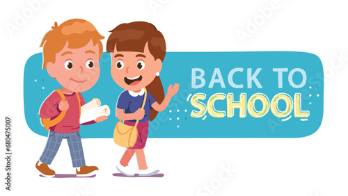 Boy, girl kids going back to school for education. Smiling schoolboy, schoolgirl students children persons chatting walking with backpack. Learning, study, knowledge poster flat vector illustration