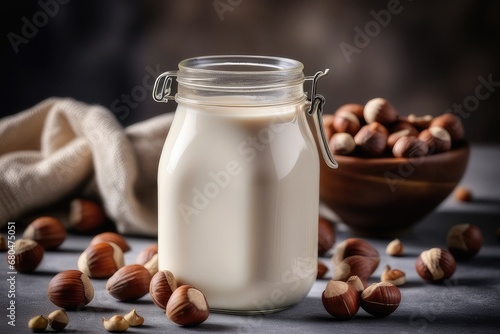 Hazelnut milk in a glass jar with hazelnuts on wooden background