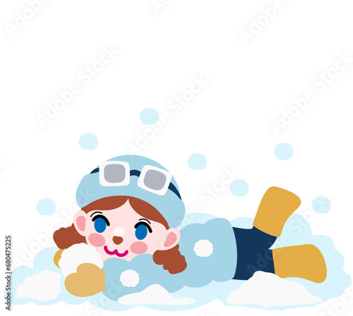 Cute young girl lying down and playing in the snow