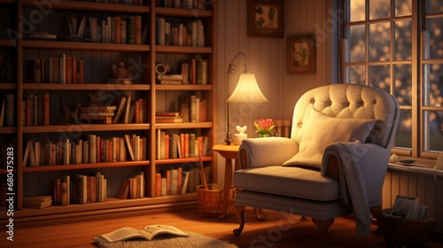 a cozy reading nook with bookshelves, a comfortable chair, and warm lighting.