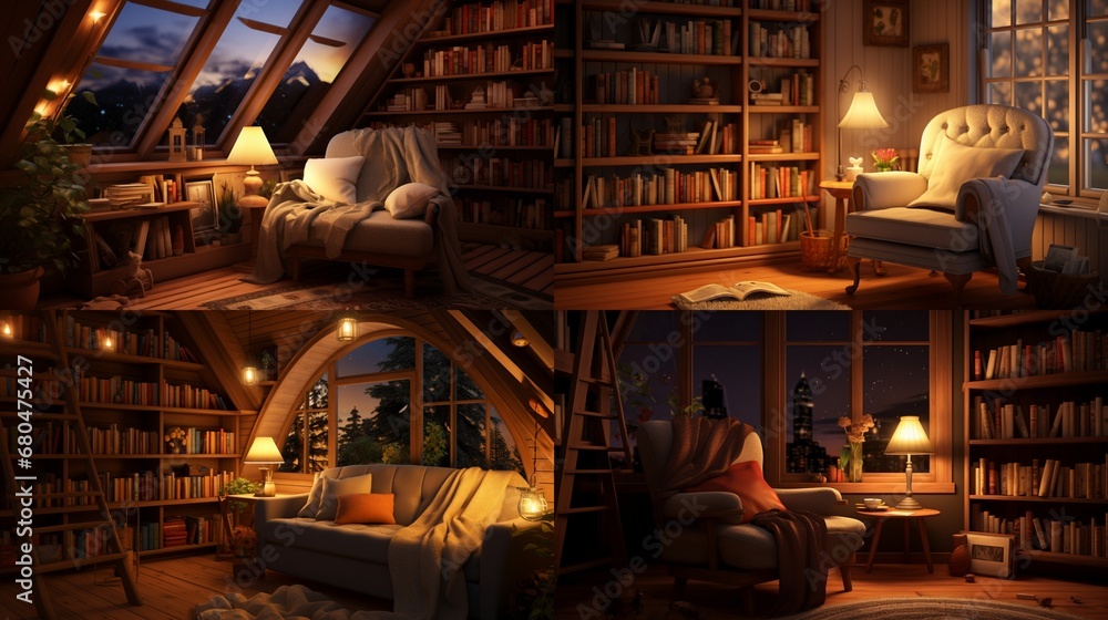 a cozy reading nook with bookshelves, a comfortable chair, and warm lighting.