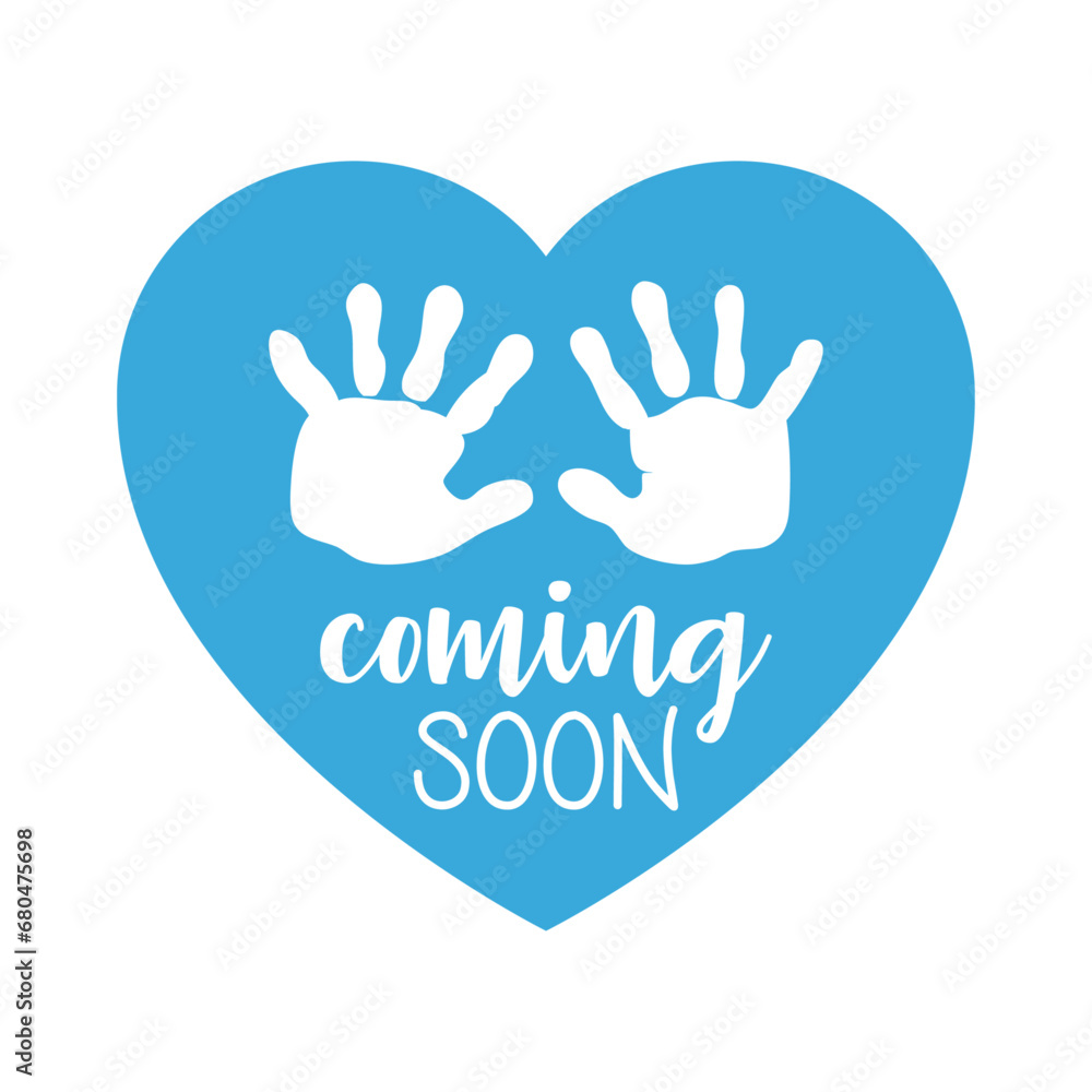 Obraz premium Anuncio de llegada de bebé niño. Palmas de niño. Letras mensaje Coming soon en texto manuscrito con silueta de huella de manos en corazón color azul para su uso en invitaciones y tarjetas