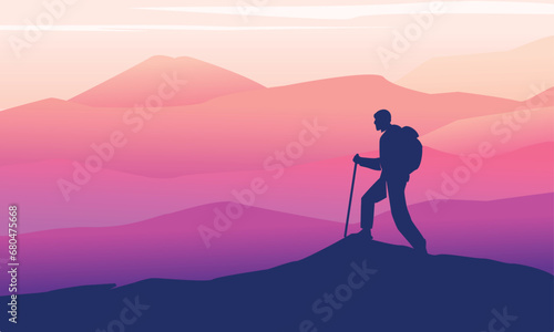 Premium editable vector file of hiking activity at the peak of the mountain in good afternoon scenery best for your digital design and print mockup © Muhamad