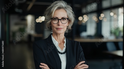 A confident senior businesswoman with gray hair  wearing a smart suit  stands in a modern office setting  representing success and challenging ageism in the corporate world.