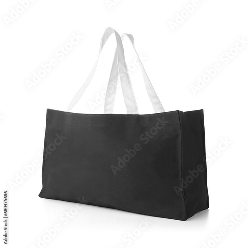 Eco Friendly Black Colour Fashion Canvas Tote Bag Isolated on White Background. Reusable Bag for Groceries and Shopping. Design Template for Mock-up. Side View photo