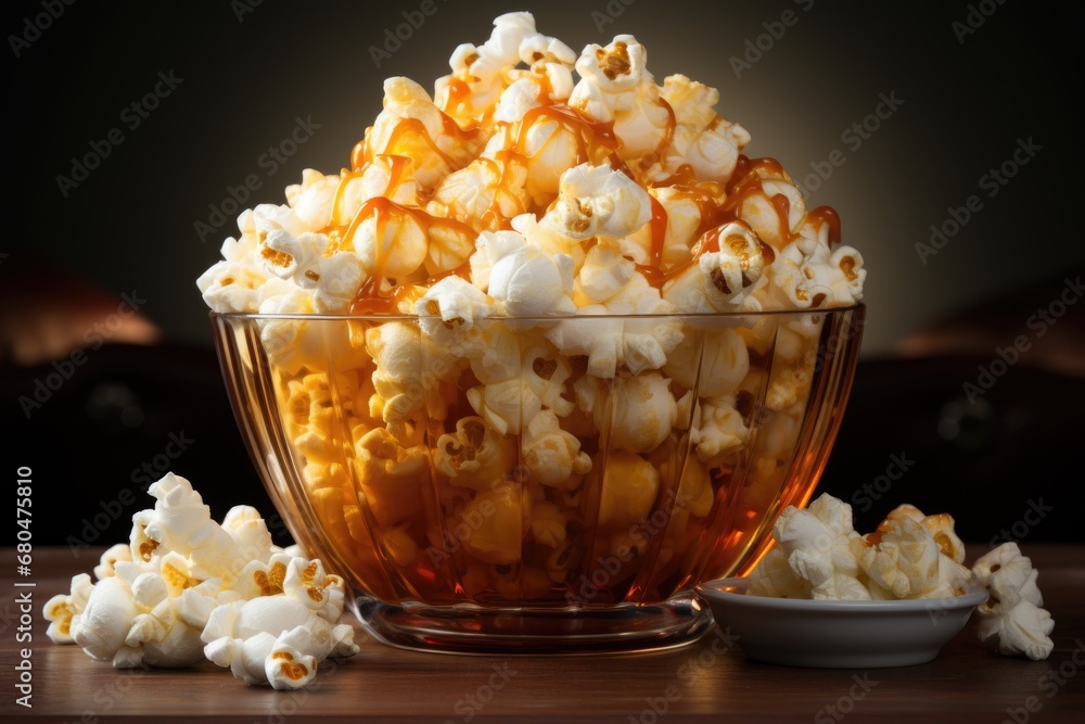 Popcorn in bowl on dark background. Generative AI Popcorn in bowl on dark background. Generative AI