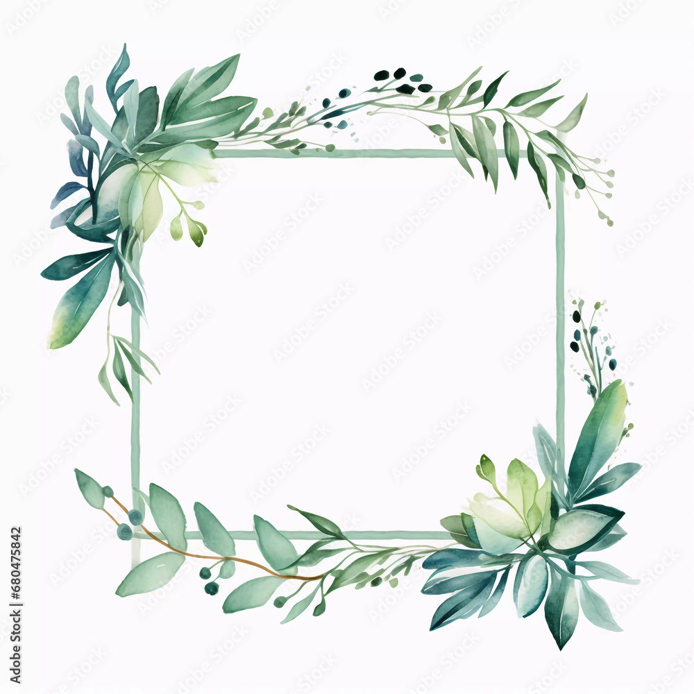 Template frame design with watercolor greenery leaf and branch, watercolor invitation , beautiful floral wreath