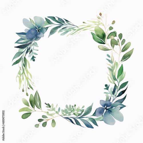 Template frame design with watercolor greenery leaf and branch, watercolor invitation , beautiful floral wreath