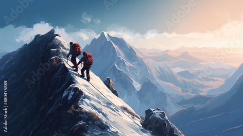 Two climbers join hands to help climb a rock reaching the top of a snowy mountain at sunny day photo