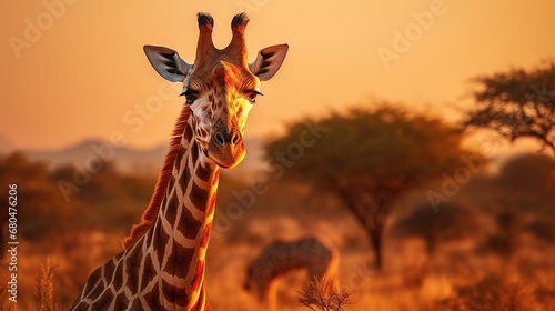 Animal wildlife portrait giraffe with natural background in the sunset view, AI generated image © atapdesain