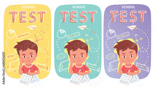 Student kid writing answers to school test exam questions. Boy child person thinking filling in examination paper form. Examination knowledge assessment concept poster flat vector illustration set