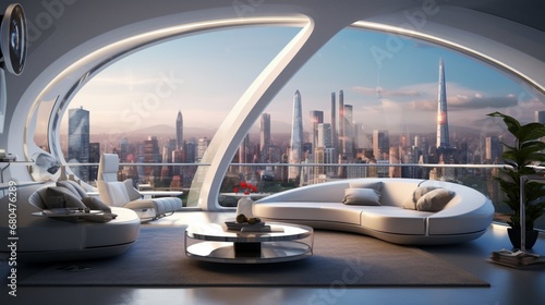 a futuristic city apartment living room with panoramic views and high-tech gadgets.