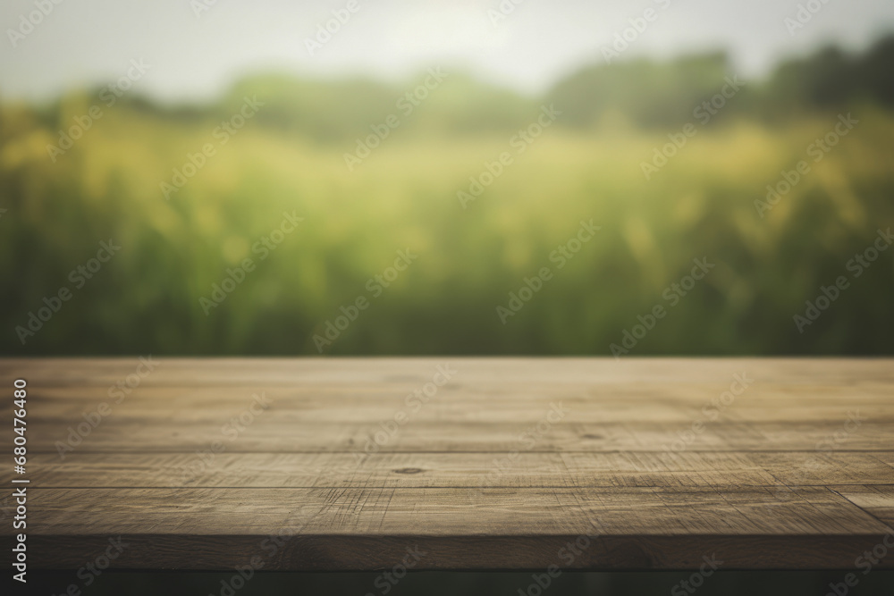 a dark wooden table top with a blurred wheat field background a dark wooden table top with a blurred wheat field background