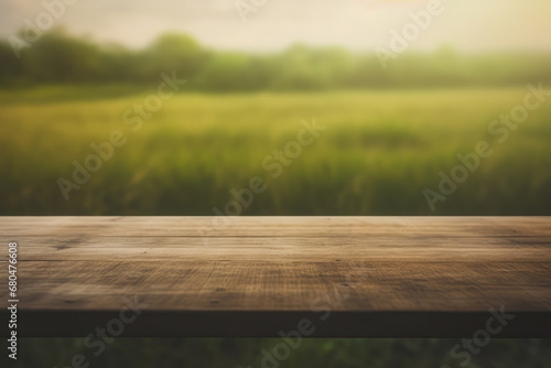 a dark wooden table top with a blurred wheat field background photo