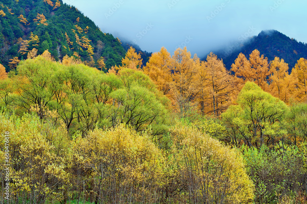 Kamikochi National Park in the Northern Japan Alps of Nagano Prefecture, Japan. Beautiful mountain in autumn leaf and Azusa river Kamikochi National Park in the Northern Japan Alps of Nagano Prefecture, Japan. Beautiful mountain in autumn leaf and Azusa river