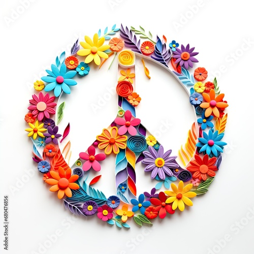 colorful paper cut pacifist peace symbol with flowers on white photo