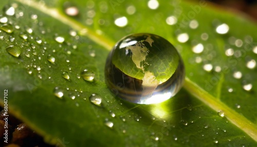 Drop of rain with a world silhouette inside on a leaf