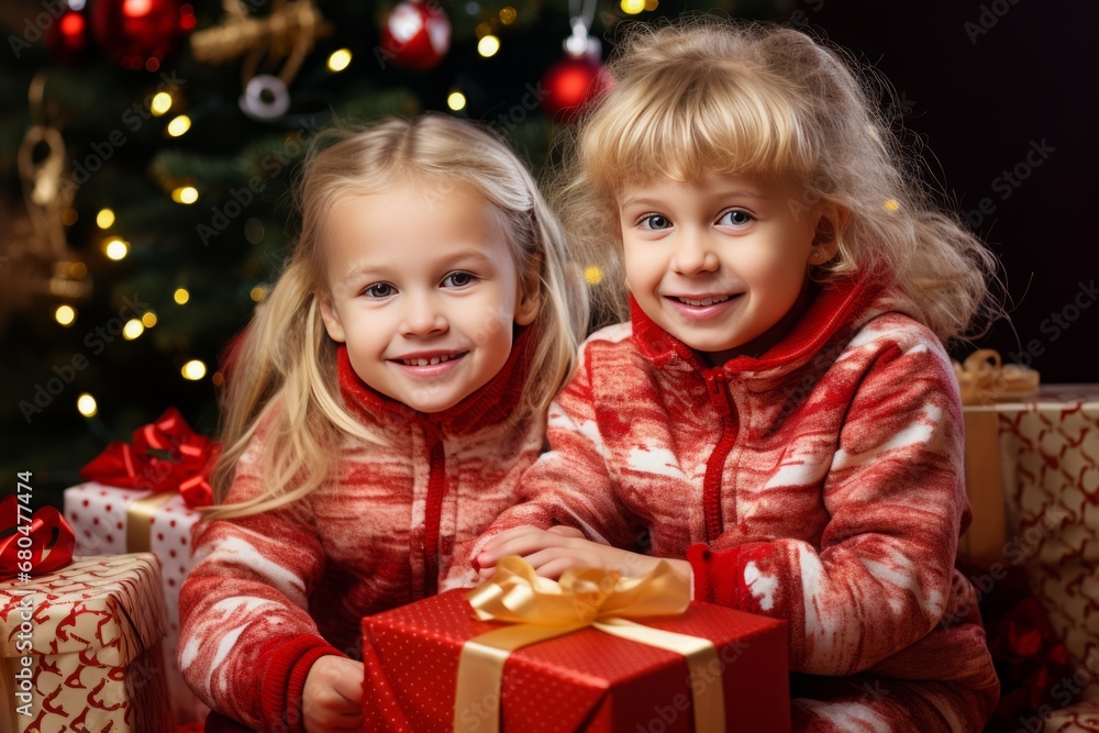 Children with gifts on the background of a Christmas tree
