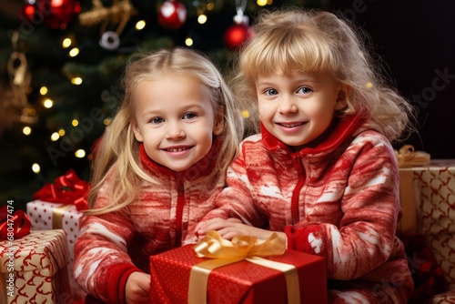 Children with gifts on the background of a Christmas tree